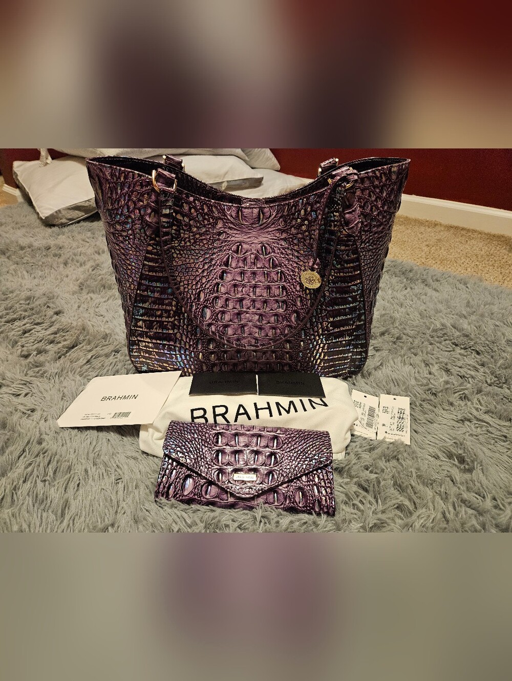 Brahmin Aliza Passion Purple Iridescent  Croc-Embossed Tote with Matching Wallet